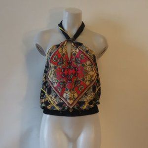 Womens Roi Multicolor Silk Sleeveless Keyhole Halter Top S